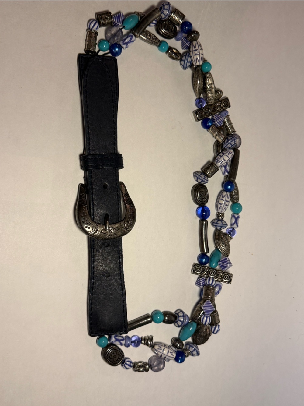 The Limited Black Faux-Leather Belt with Blue and Turquoise Beads